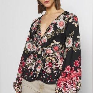 Free People Run Free Blouse in Black Floral Career Business Top Size Small